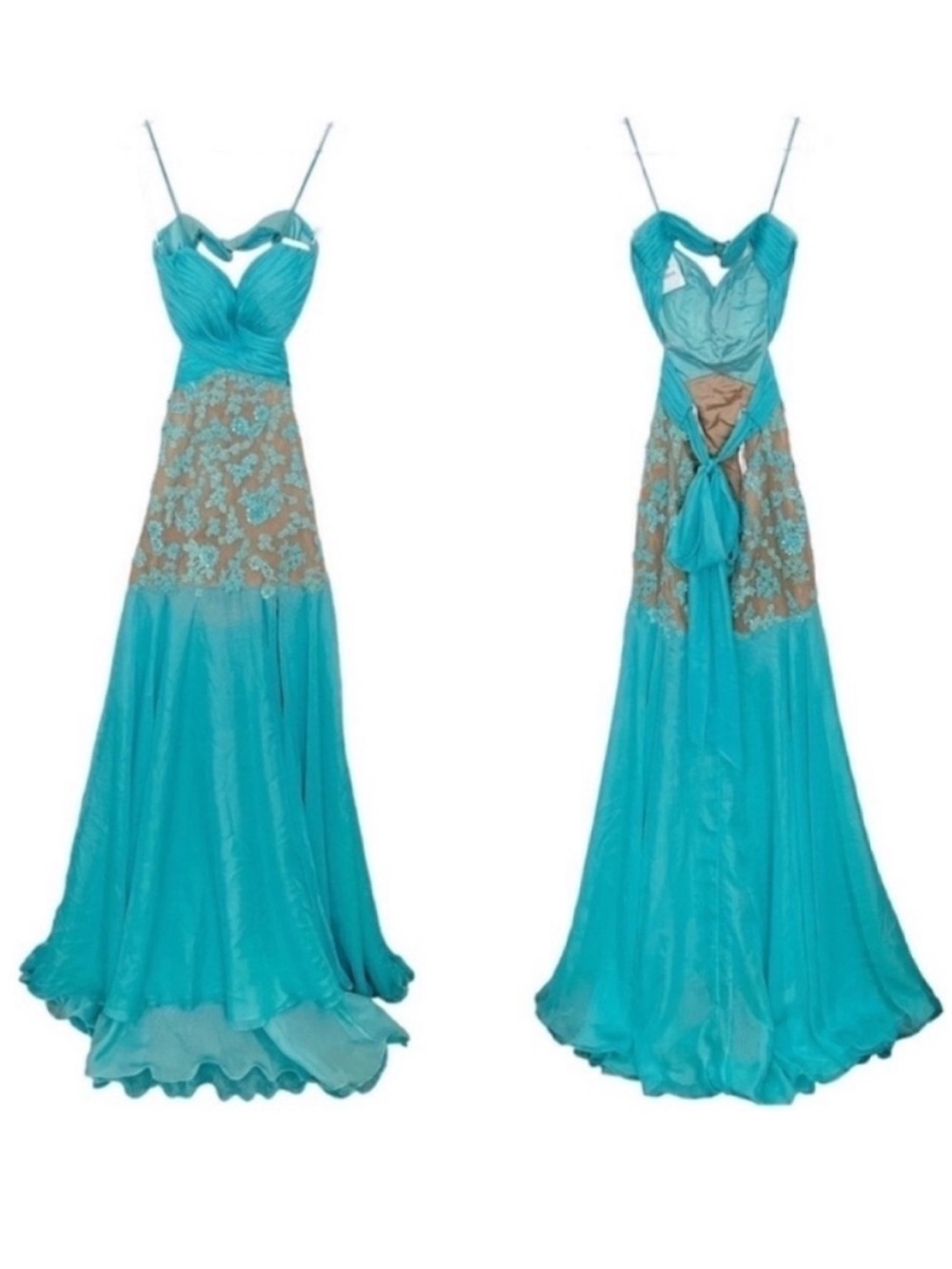 Sherri Hill Floral Beaded Floral Ruched Tulle Prom Dress Aqua Blue 11138